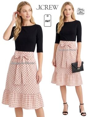 J.Crew NWT pink/black polka dot ruffle midi skirt *shop@iamwarrior